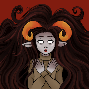 A drawing of Aradia, a Homestuck troll character. She is a humanoid alien with grey skin and orange horns. Here she is shown in her ghost form in dirty clothing with her hands crossed over her chest, and hair splayed out behind her. Her eyes don't have pupils.