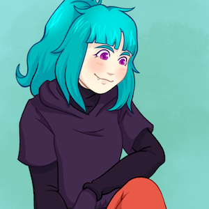 A drawing of a girl who is kneeling down to hold the hand of her pet spider. The girl is White and has teal hair pulled into a ponytail. Her spider is wearing an egg over its abdomen.