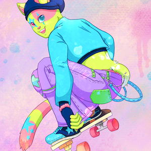 A drawing of a brightly-coloured anthropomorphic cat character doing a trick on a skateboard. She is wearing a beanie, a cropped jacket, and baggy tripp pants.
