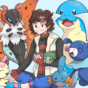 A drawing of a human character sitting cross-legged and surrounded by six Pokémon characters. The human character is androgynous and White with a curly brown bob. The Pokémon are Volcarona (a giant fluffy moth), Sealeo (a large seal or walrus), Popplio (a small, joyous sea lion pup), Mudkip (an axolotl or frog-like creature), Charjabug (a rectangular grub-like creature), and Skitty (a pink cat-like creature).