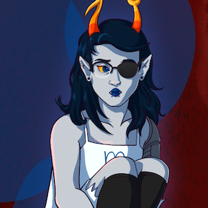A drawing of Vriska, a Homestuck troll character. She is a humanoid alien with grey skin and orange horns. She is sitting down with her kneels pulled up to her chest and with a forlorn expression on her face. She has blue fairy wings and a robotic arm. Two ghosts seem to be haunting her.
