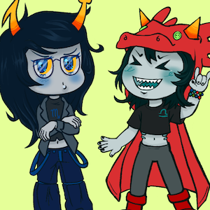 A drawing of Vriska and Terezi, who are Homestuck troll characters. They are humanoid alien girls with grey skin and orange horns. Vriska is standing with her arms crossed and a sour expression. She is wearing something like a skater outfit. Terezi seems to be having a blast and is throwing the sign of the horns. She's wearing a dragon head hat with a cape attached.