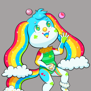 A drawing of an anthropomorphic Lucky Charms themed dog clown character. Her floppy ears and tail are designed after rainbows with white clouds at the ends. She is standing on one leg and juggling.