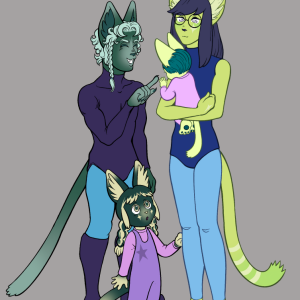 Four green catlike humanoid alien characters are depicted together in a family portrait. The mother stands holding her infant son, while the father stands next to her and tickles his son's cheek. The daughter, a toddler, looks up at her brother with a curious expression.