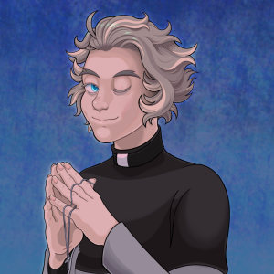 A drawing of a wavy-haired priest holding a cross necklace while touching his fingertips together in prayer. He is winking at the viewer.