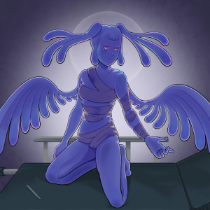 Hydra, a character who is shaped like a female humanoid, with an all-light-blue body, kneels on a medical examination table. Her body has lines drawn across it to show that it is really made of tentacles that are fused together. Her 'hair', which is also made of tentacles, is styled to look like pigtails. She also has formed her tentacles to look like a pair of wings. She is wearing bloodstained bandages wrapped around her body, and no other clothing.