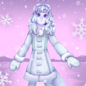 A painting of a girl wearing a winter coat, scarf, mittens, stockings, and slippers. Most of this clothing is seal-themed, with the slippers being shaped like seals as well. She even has a seal tail. She is walking awkwardly across a frozen lake.