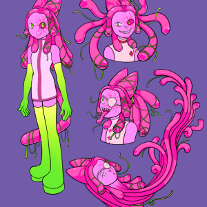 A full-body drawing of a pink catlike humanoid alien character with tentacles for hair; along with three bust drawings of the same character in different poses and expressions.