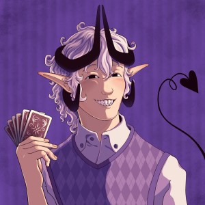 Bust portrait of a demon character. He is a white man with whitish-pink hair, grinning with a set of sharp teeth. He has elf ears, 4 black ram horns, and a devil tail. He's holding a hand of cards and wearing an argyle sweater vest.