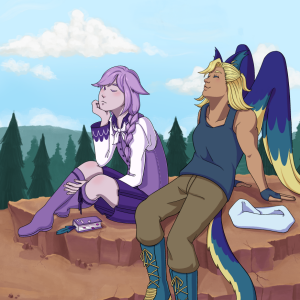 Scene drawing of two women sitting on top of a mountain and enjoying the sun. One woman, who is thin and has purple braids, is peeking one eye at the other, who is muscular and has blue bird wings, cat ears, and a tail.