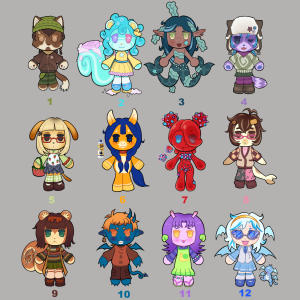 Twelve chibi-style characters with various designs.