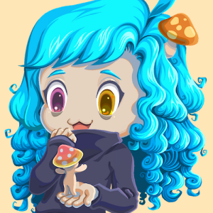 Chibi-style painting of a girl wearing a sweater and skirt. She's smiling and looking at a a small mushroom person standing on her palm. A mushroom is growing out of the side of her head.