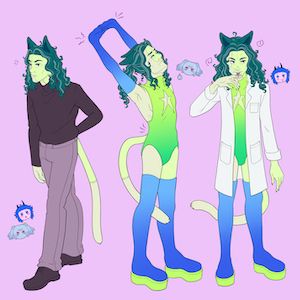 Reference image of a middle-aged humanoid alien man with cat features. He has curly hair and scars on his body. There are three drawings of him on one canvas: in one he is wearing a turtleneck sweater and slacks and has a cranky facial expression; in the second he is stretching and wearing a bodysuit with a star cutout in the chest along with long boots and gloves; and in the third he is wearing the same bodysuit and boots and a labcoat, and tasting some blood that is on his finger.