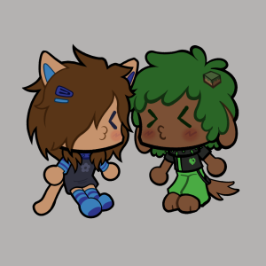 Chibi-style artwork of a cat girl furry and a dog boy furry about to kiss.