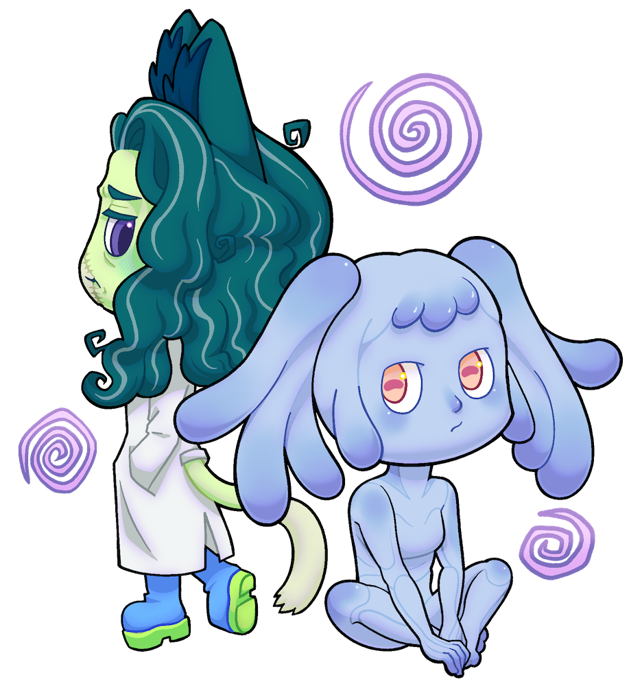 Chibi artwork of an alien cat man and a humanoid mollusc woman. They are facing away from each other, peeking at each other over their shoulders with uncertainty.