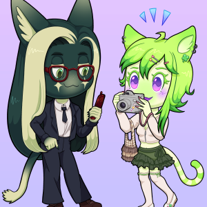 Chibi artwork of two alien cat women. One is looking at her mobile flip phone and the other is holding up and looking at a digital camera.