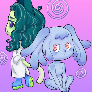 Chibi artwork of an alien cat man and a humanoid mollusc woman. They are facing away from each other, peeking at each other over their shoulders with uncertainty.