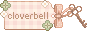 An animated 88x31 button that reads 'cloverbell' and resembling a gift tag attached to a key.