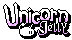 An 88x31 button graphic that reads 'Unicorn Jelly' in hand drawn graphic font. It is decorated with a round, white slime creature with a unicorn horn and tail.